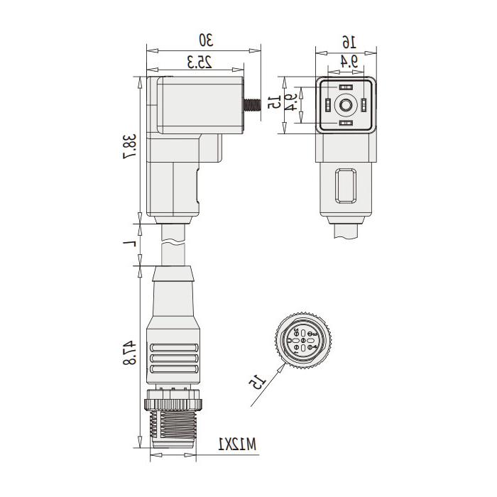 Valve plug Type C, Industrial, 9.4 mm, 4Pin/M12 straight male head、双端预铸PVC非柔性电缆、灰色护套、6VC063-XXX